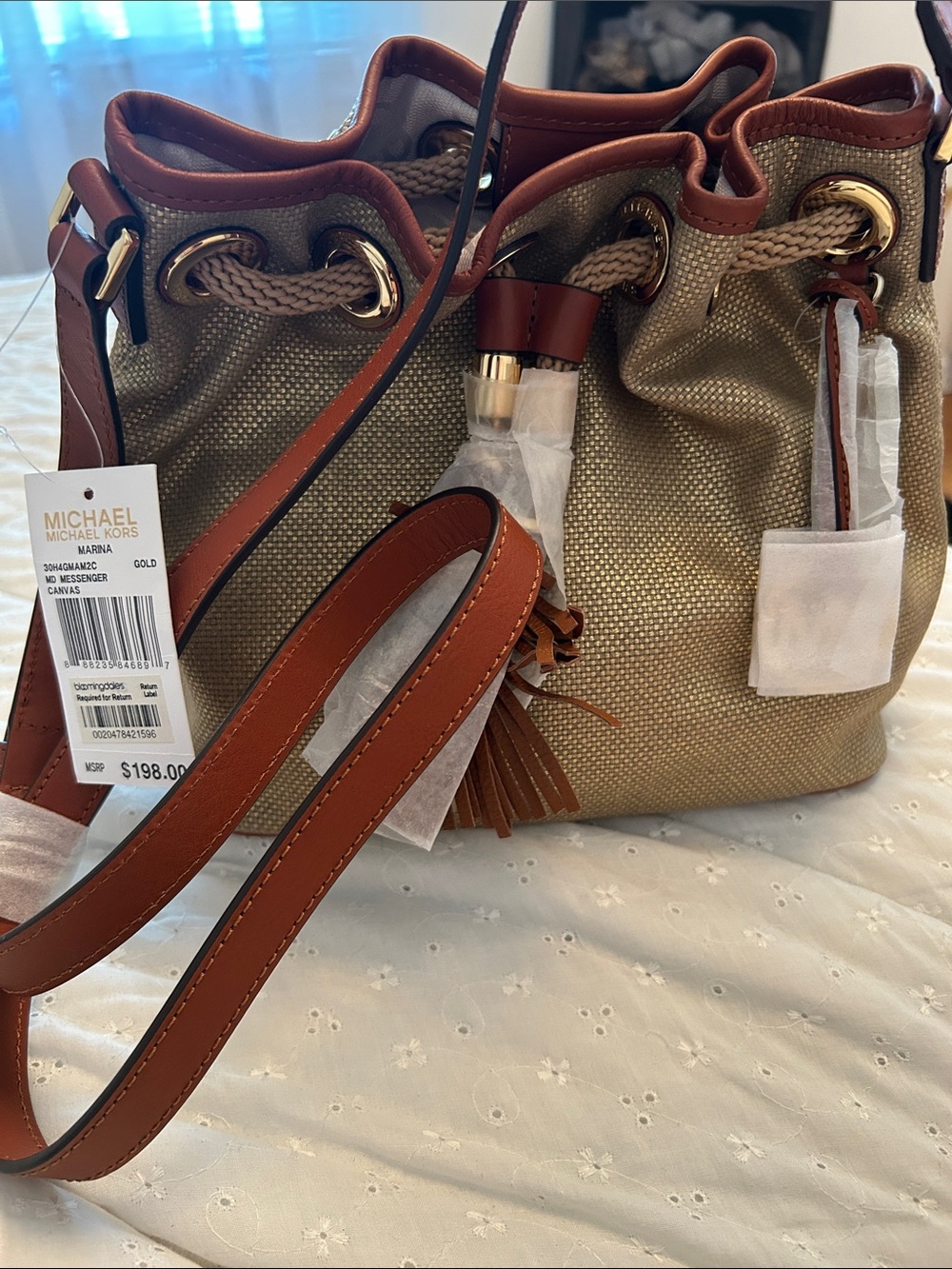 NWT Michael Kors Collection Gold Canvas and Brown Leather Drawstring Hobo